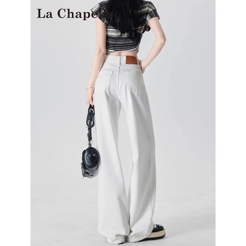 拉夏贝尔白色阔腿牛仔裤女秋季2025新款高腰宽松小个子秋季直筒裤