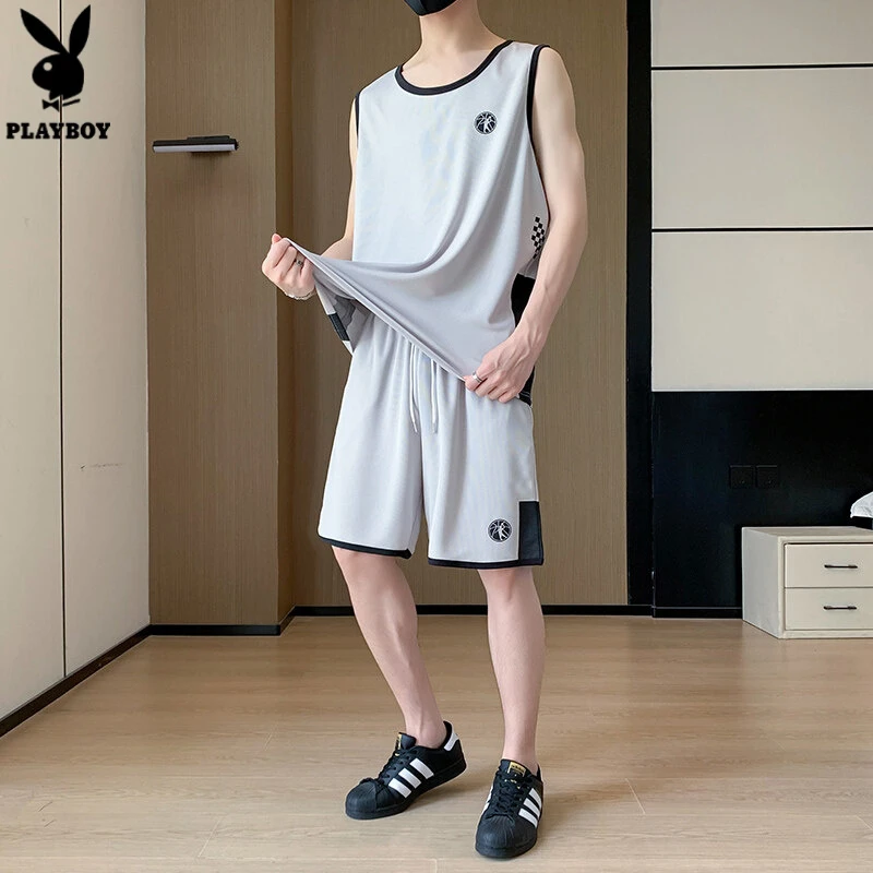 花花公子大码背心套装冰感男夏季宽松透气休闲运动百搭两件套短裤