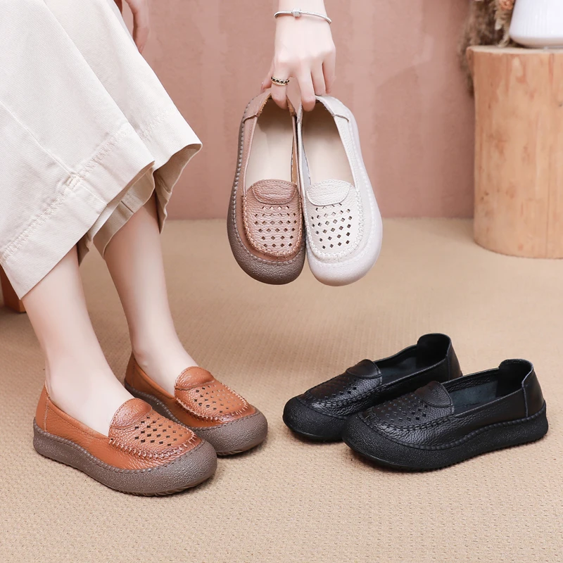 真皮镂空女鞋软面软底平底妈妈鞋夏凉鞋舒适安脚透气防滑中洞洞鞋