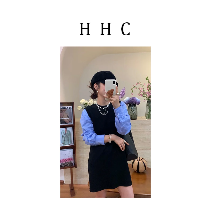 【花花菜】春季新品 雅韵拼色独特定制简约黑身配蓝纹衬衫袖针织衫