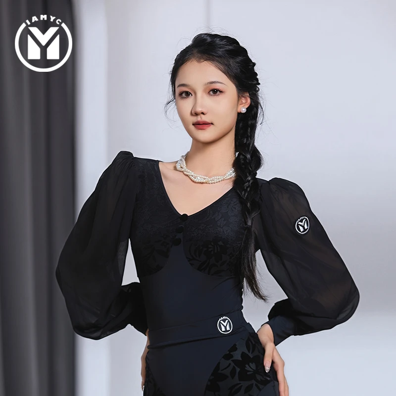 IAMYC&HCdance 女成人新款长袖摩登国标舞练功服连体上衣 B10102