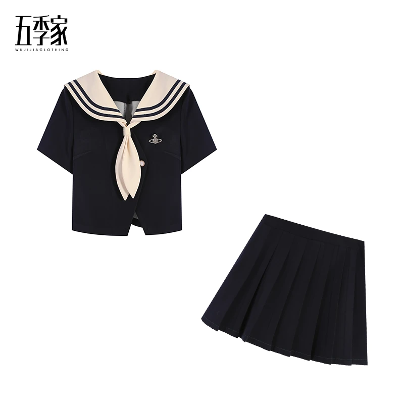 【五季家】新款气质减龄时尚藏青色上衣+百褶裙两件套ZL94164