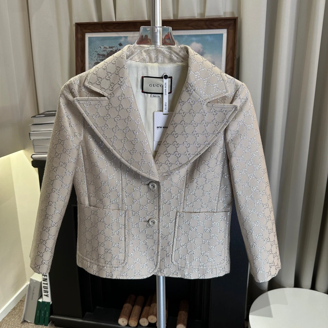 99新 GUCCI/古驰 GU611  双G满印翻领米羊毛西装S码原价23800