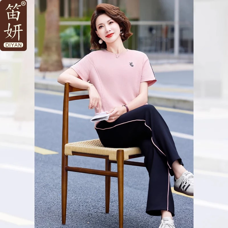 中年妈妈运动服套装女夏季短袖T恤2025新款中老年夏装休闲两件套
