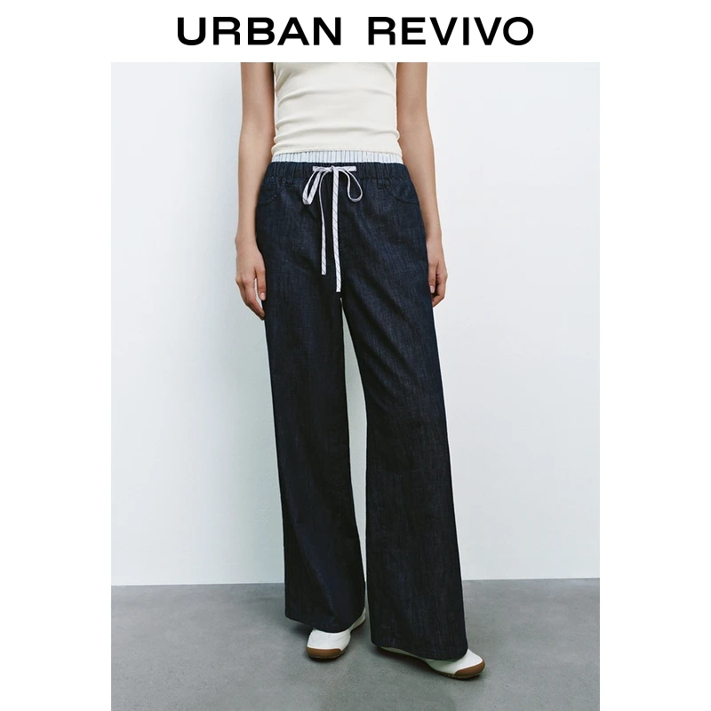 UR2025夏季新款女装时尚休闲假两件条纹拼接牛仔长裤UYU850099