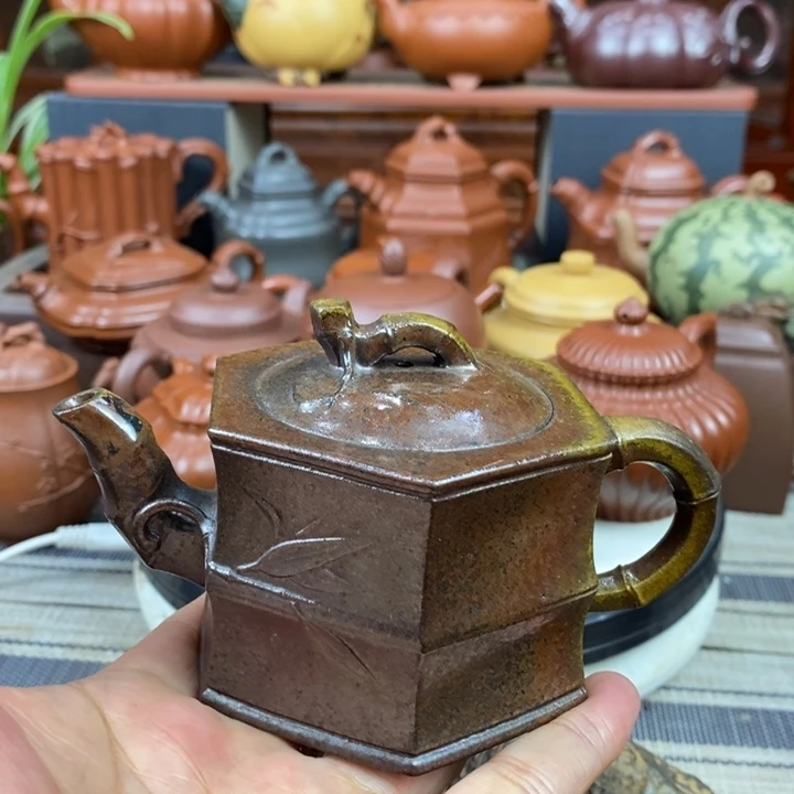 茶壶紫砂六方竹节200cc原矿老紫泥柴烧特价