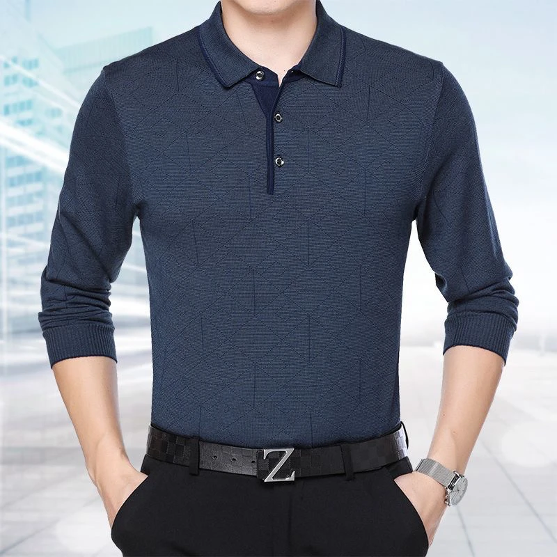 男士羊毛衫翻领Polo长袖t恤宽松针织体恤衫薄款男装