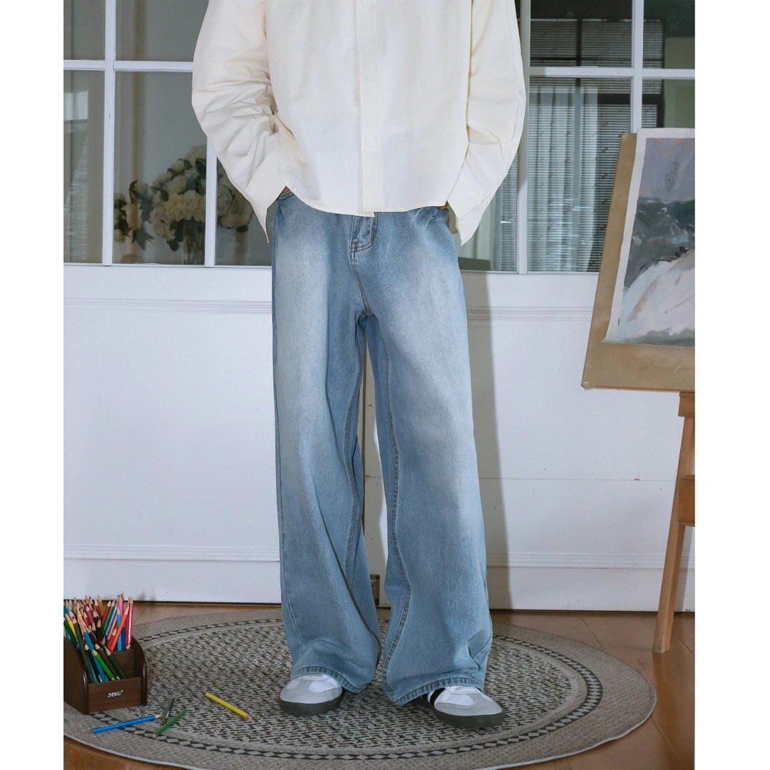 WUR 简约水洗牛仔裤男通勤直筒宽松阔腿潮牌垂感2025新款百搭裤子