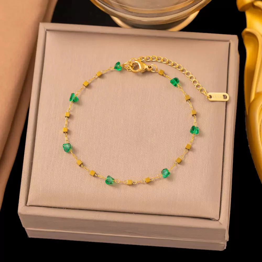 钛钢仿水晶手链 【F111】钛钢轻奢方糖绿色晶晶石手链