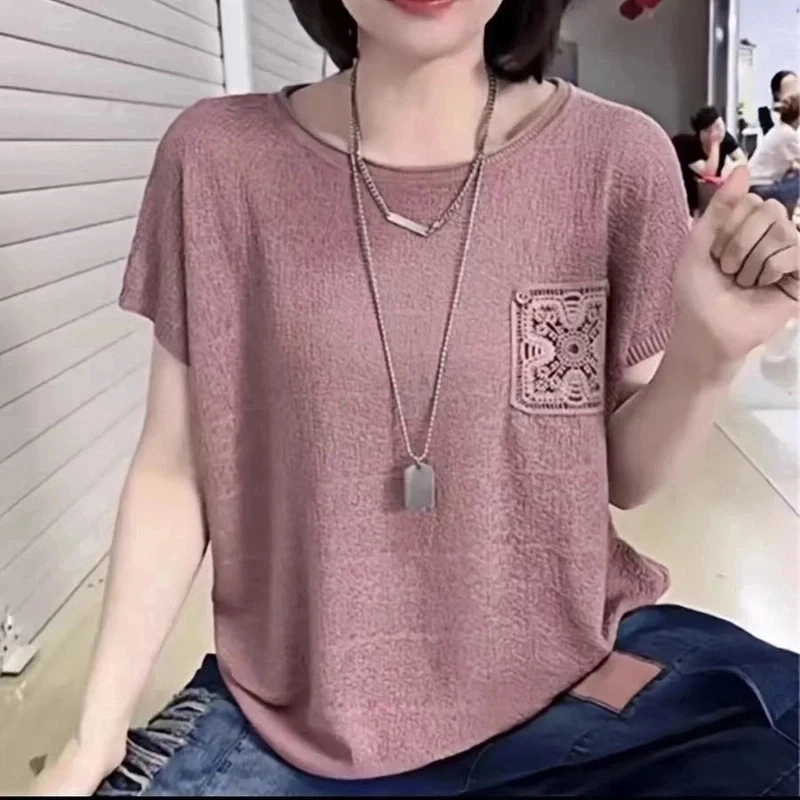 B2025夏季新款女士装盘花纽扣口袋短袖纯色宽松圆领洋气打底衫