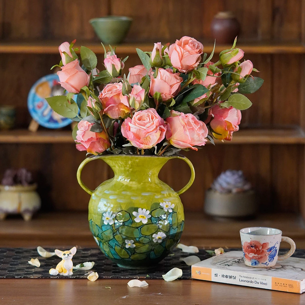 景德镇艺术感双耳花瓶莫奈花园新中式美学搭配插花餐桌鲜花陶罐