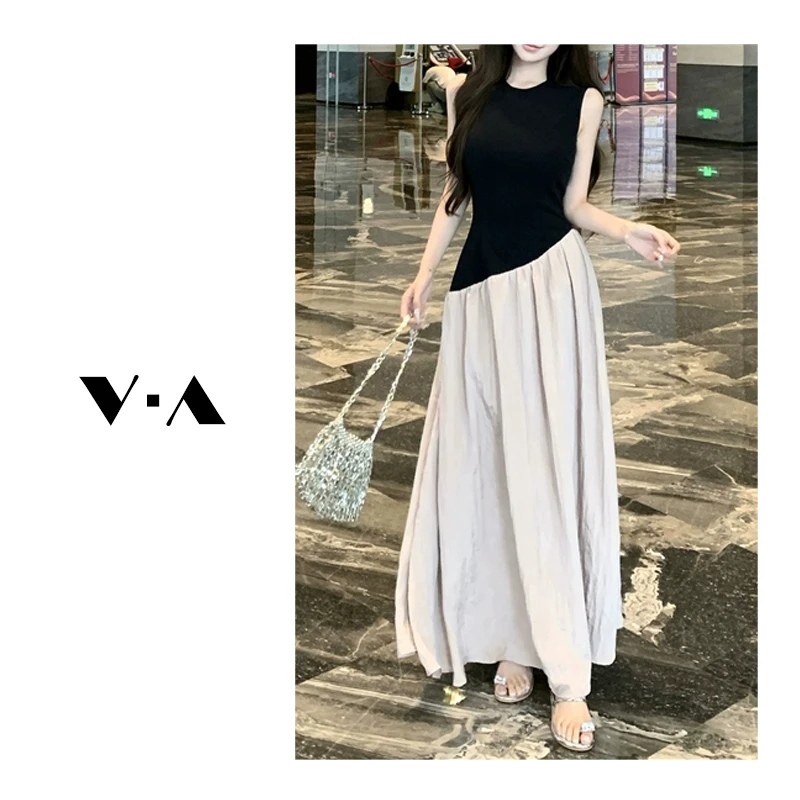 撞色拼接假两件背心连衣裙女夏季修身无袖裙子设计感高腰a字长裙