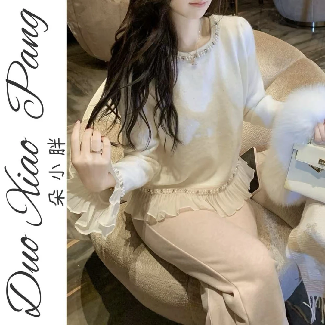 大码钉珠蕾丝拼接洋气时尚套头显瘦胖mm开衫百搭宽松女长袖针织衫