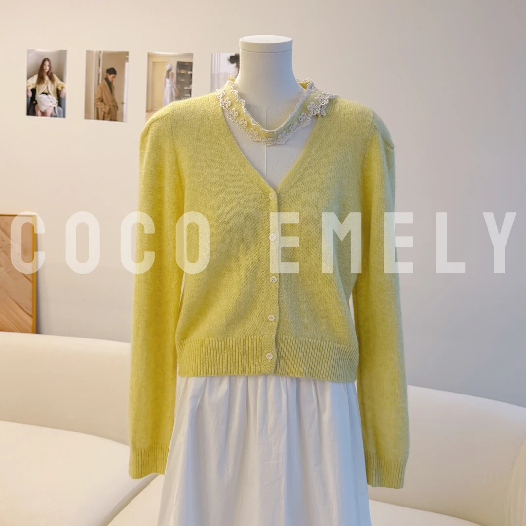 COCO EMELY 25年春季新款蕾丝花边飘带V领洋气针织开衫CO07211416