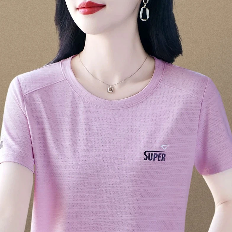 冰丝透气品牌时尚圆领短袖T恤女士夏季新款2025洋气宽松百搭上衣