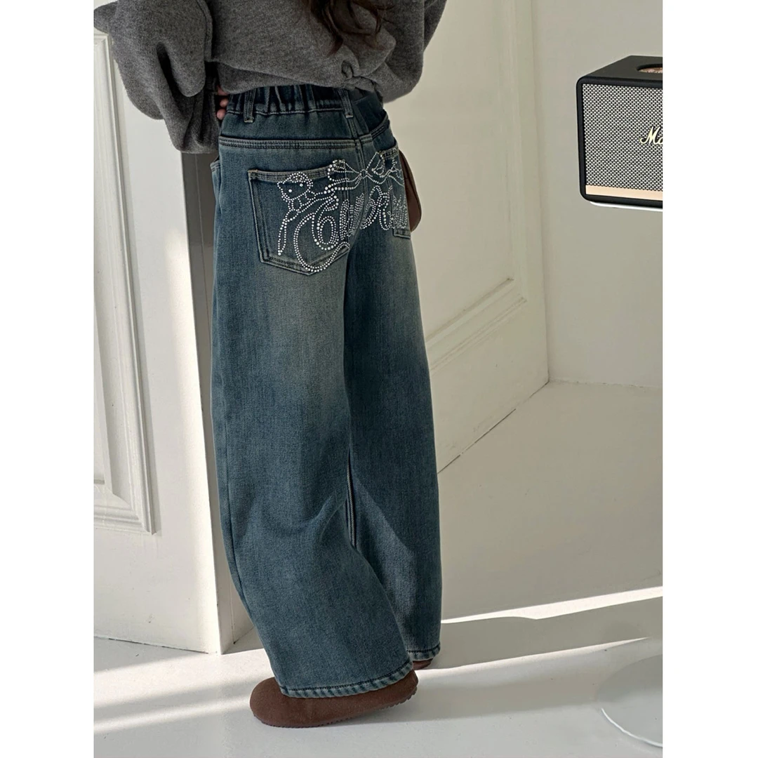 K30405孙小美烫钻女童直筒牛仔裤2025新款秋冬儿童加绒加厚裤子潮