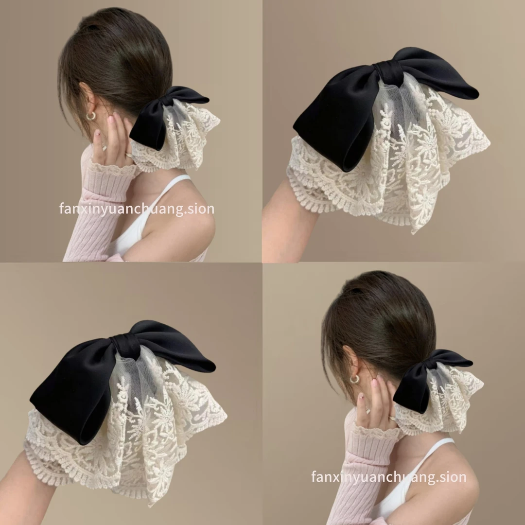 高级感蕾丝蝴蝶结马尾夹女洋气时尚气质抓夹气质鲨鱼夹发夹发卡新