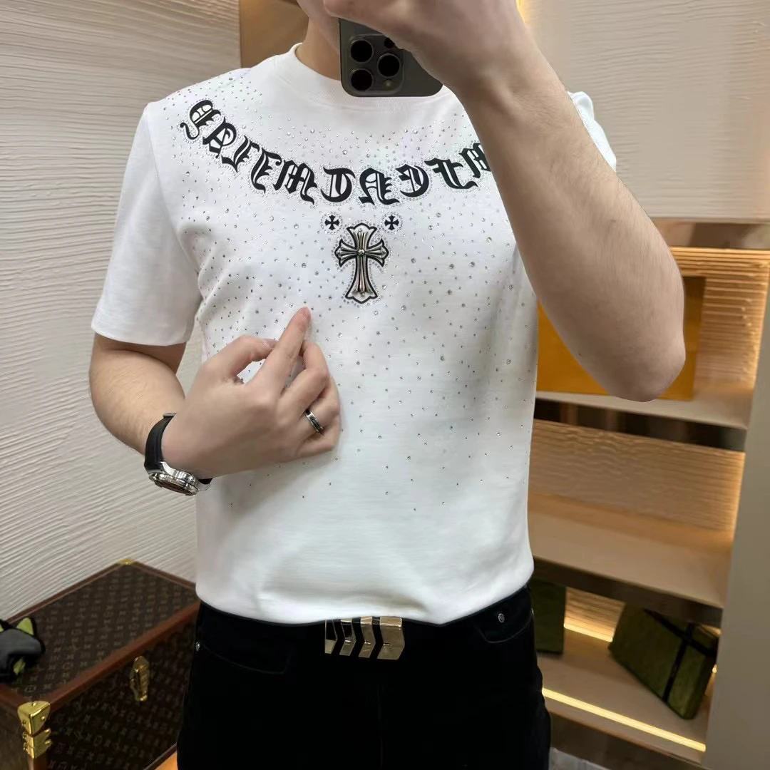 短袖t恤秋冬新款轻奢潮牌男装烫钻男士韩版圆领半袖上衣83251