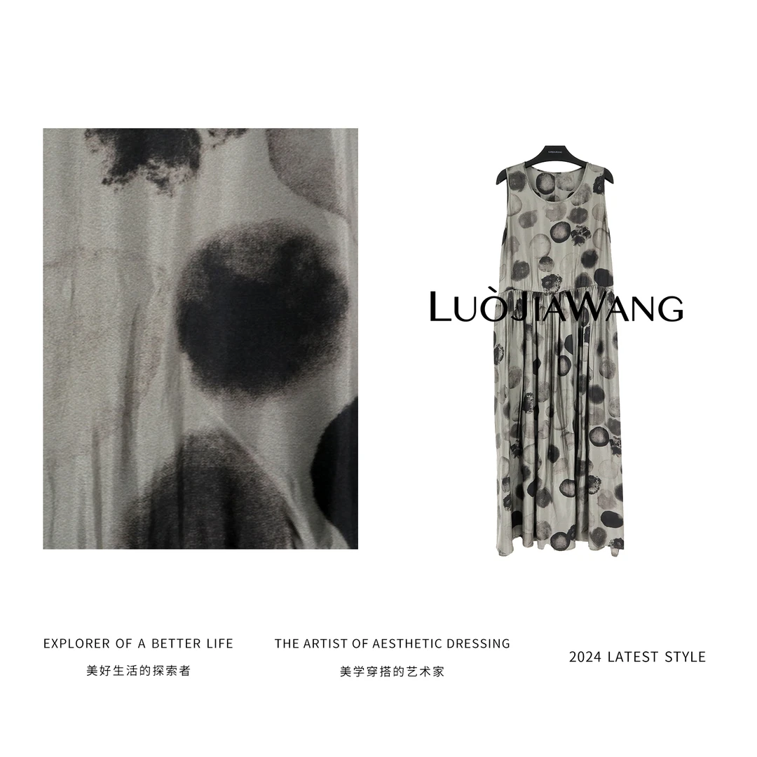 LUOJIAWANG【月夜】质感美学圆影印花复古艺术小众飘逸无袖长裙
