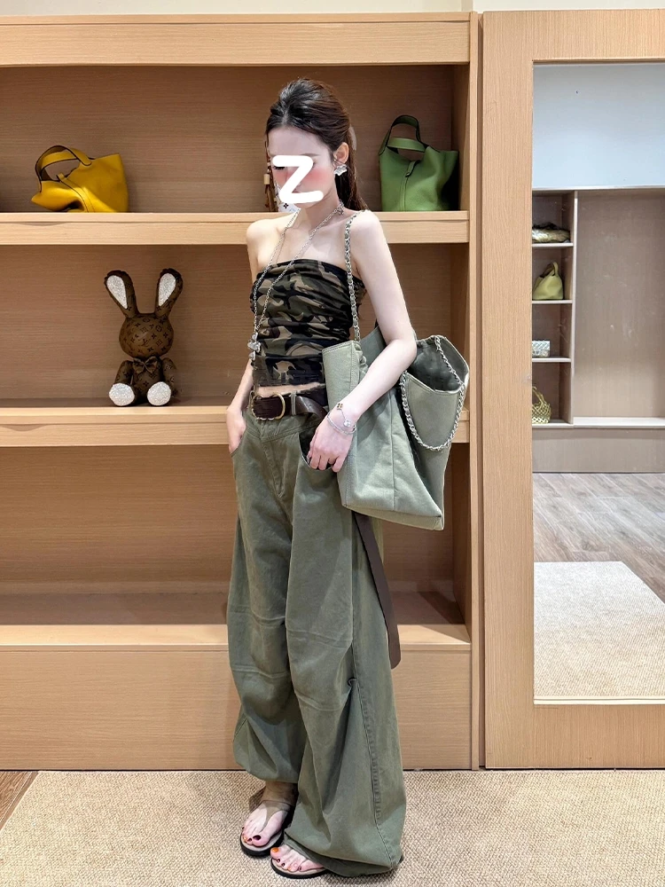 2025新款超火夏装大方得体穿搭一整套军绿色工装阔腿裤两件套装女