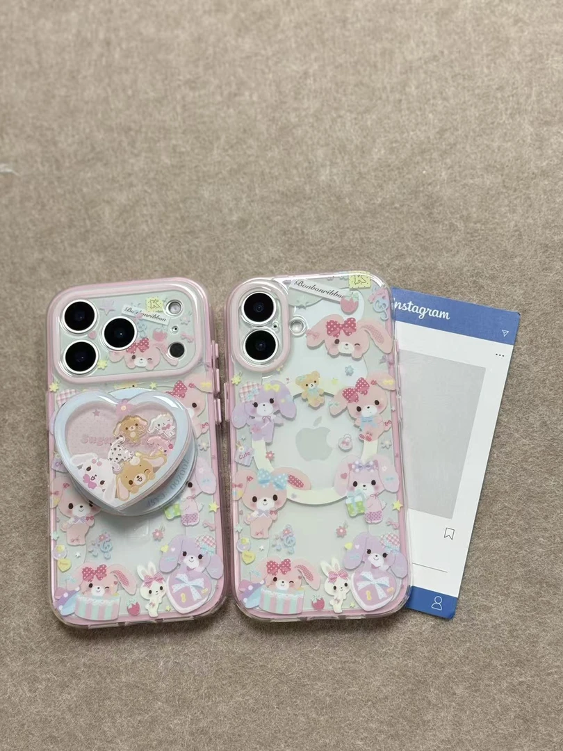 透粉色满屏甜点兔爱心摇摇乐imd双层二合一磁吸手机壳一套