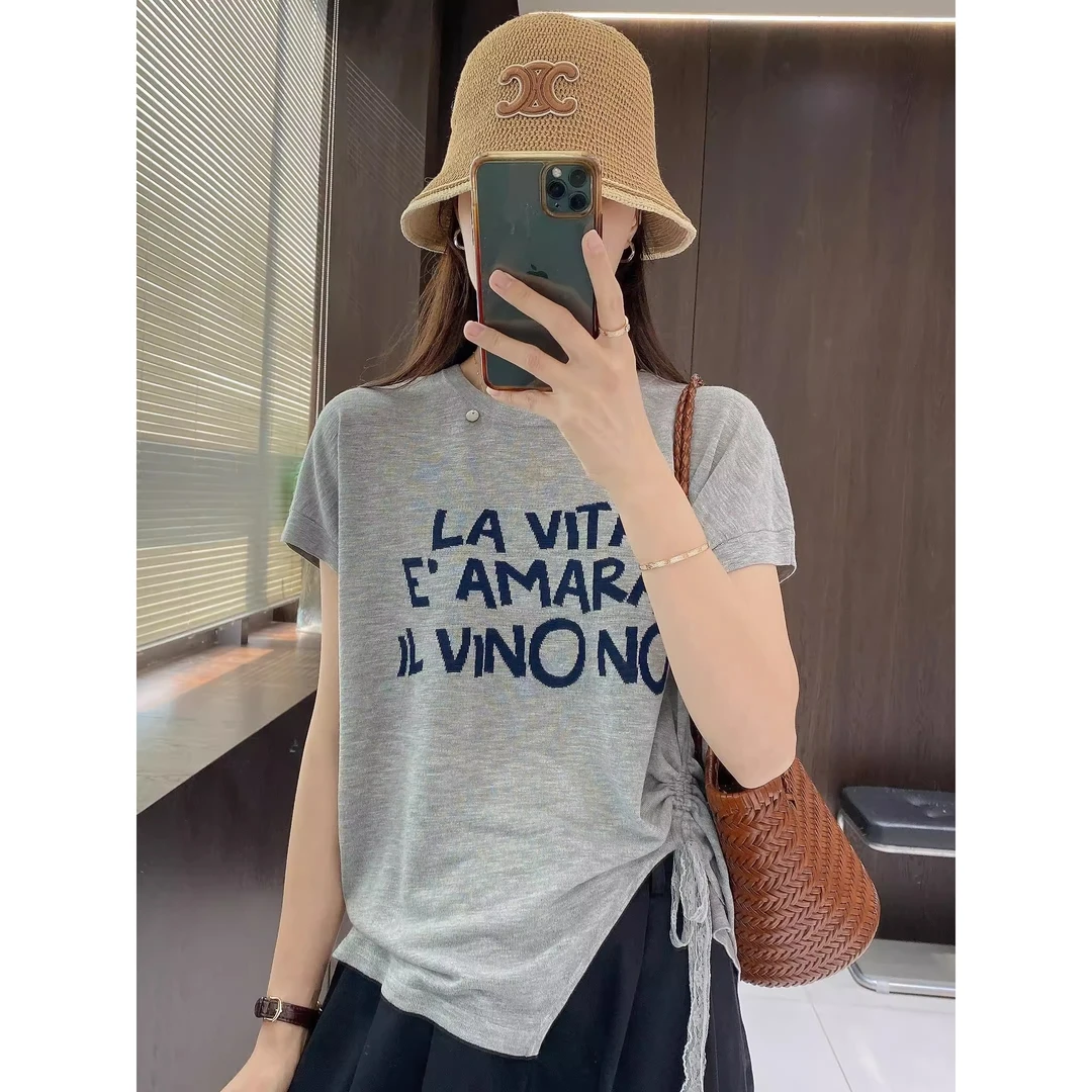 2025年法式气质设计感小众复古针织衫不规则侧开叉蕾丝抽绳上衣