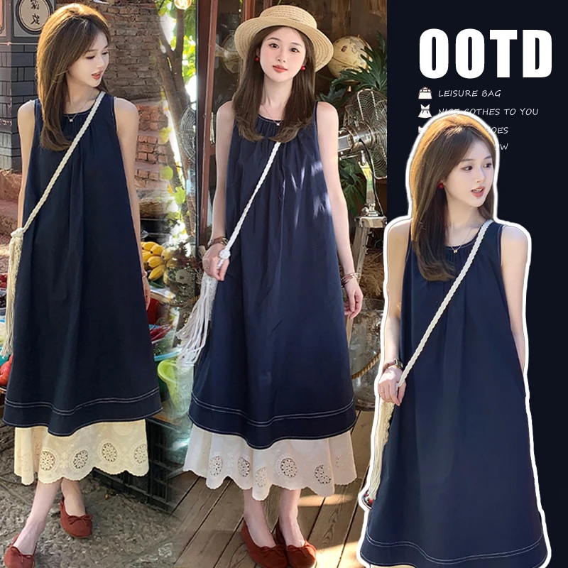 孕妇2025撞色蕾丝拼接假两件背心连衣裙女夏季气质宽松显瘦长裙子