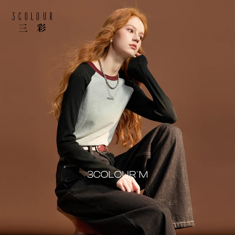 三彩2025秋冬季新款刺绣字母T恤圆领插肩袖修身上衣短款休闲女M