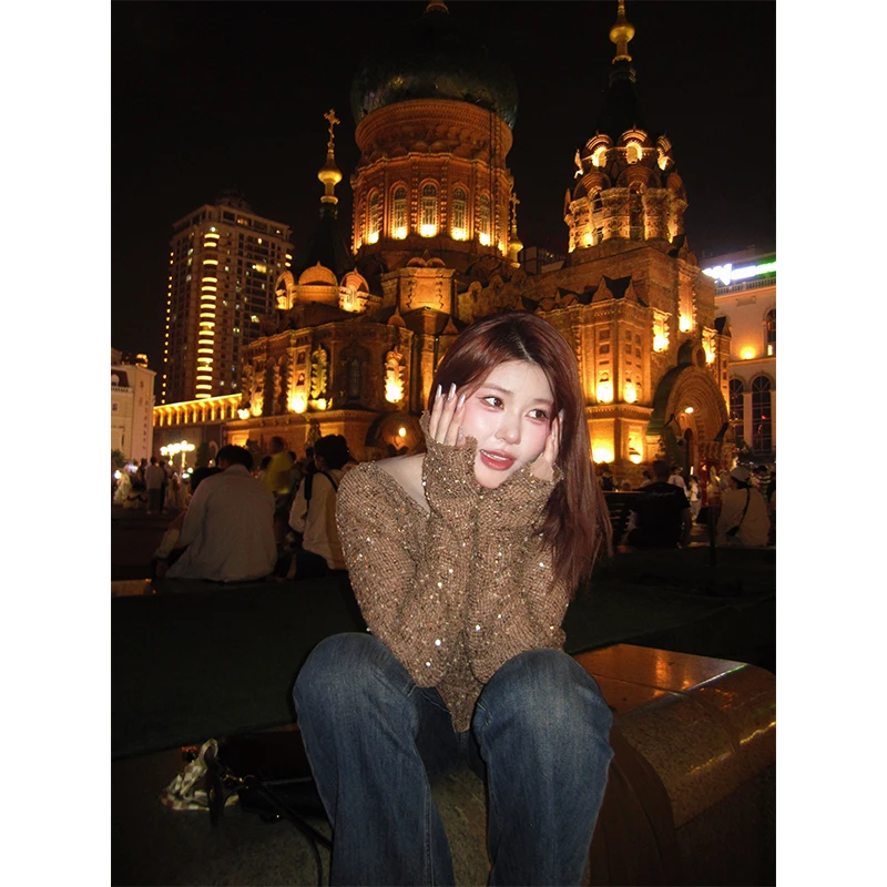 DMcc【时尚魔都】慵懒风时尚毛衣宽松亮片针织衫半身裙皮裙套装女