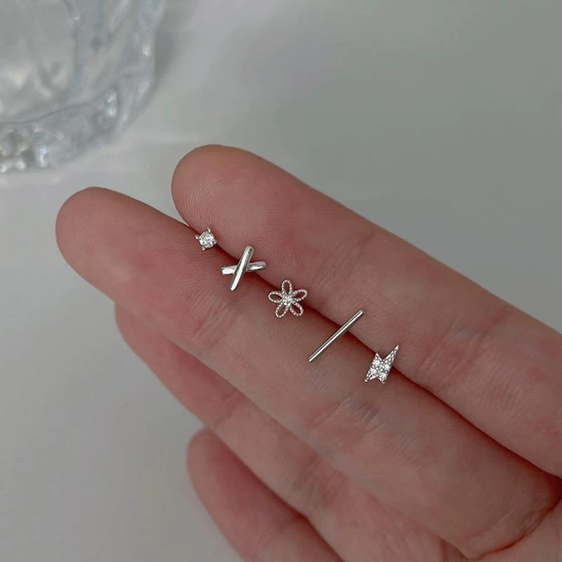 铜合金锆石耳饰 五件套养耳洞耳钉通体925银针气质女小巧花朵i