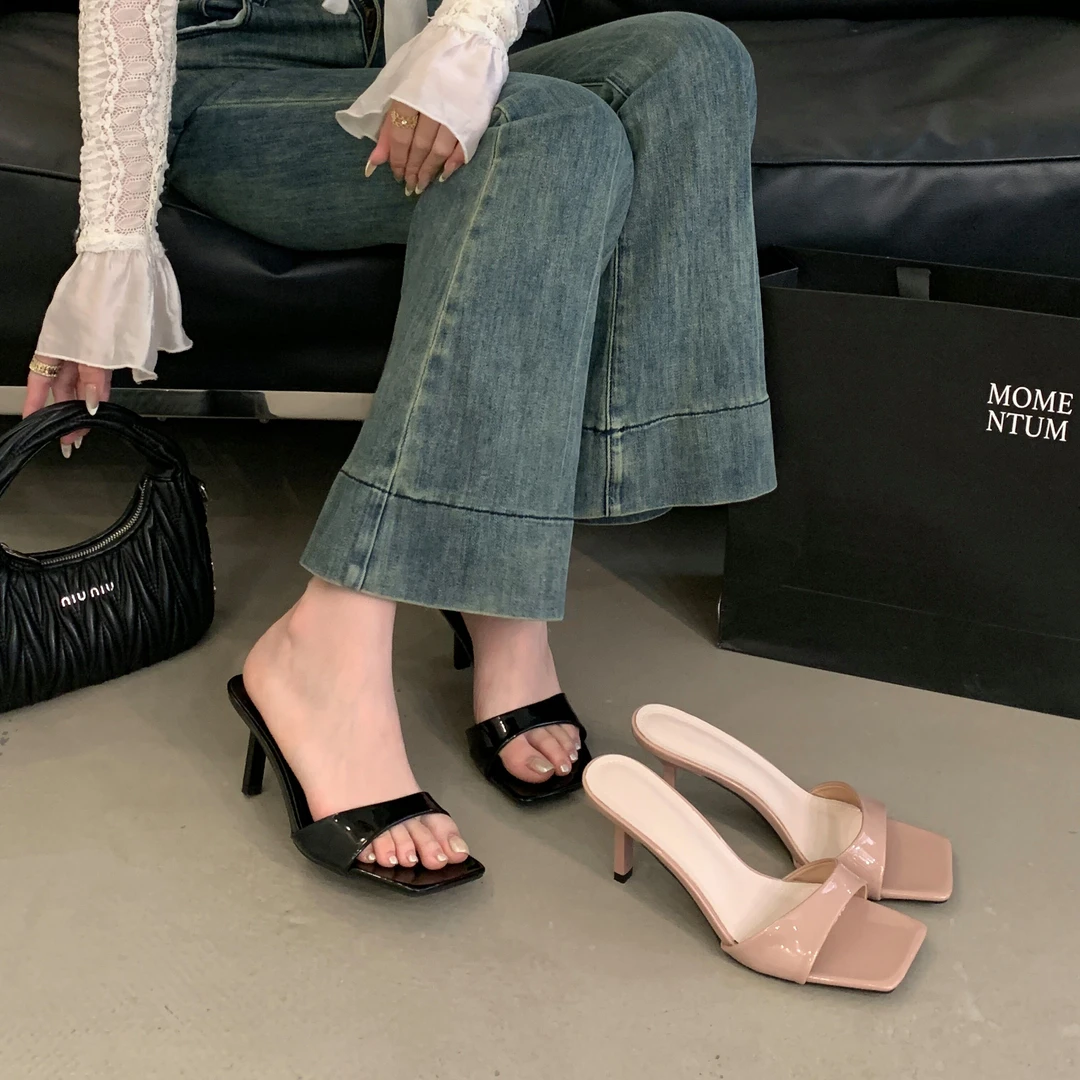 细跟高跟鞋黑色一字拖鞋女鞋子外穿2025夏季法式气质凉拖裸色凉鞋