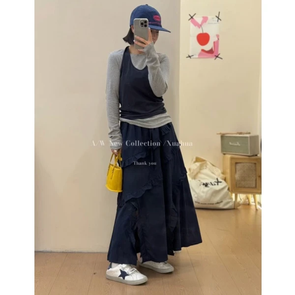 开衩荷叶边半身裙女2025秋季高腰显瘦遮肚裙子