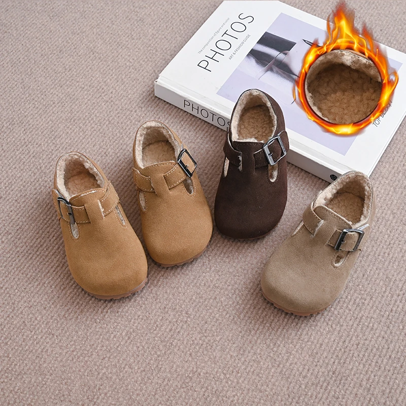 女童加棉鞋冬季新款儿童加绒勃肯鞋防滑软底男童保暖豆豆鞋小皮鞋