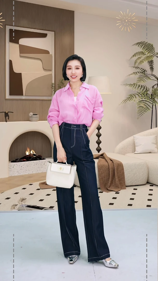 新款立体中缝明线显瘦遮胯直筒裤/百搭时尚高腰阔腿裤宽松牛仔