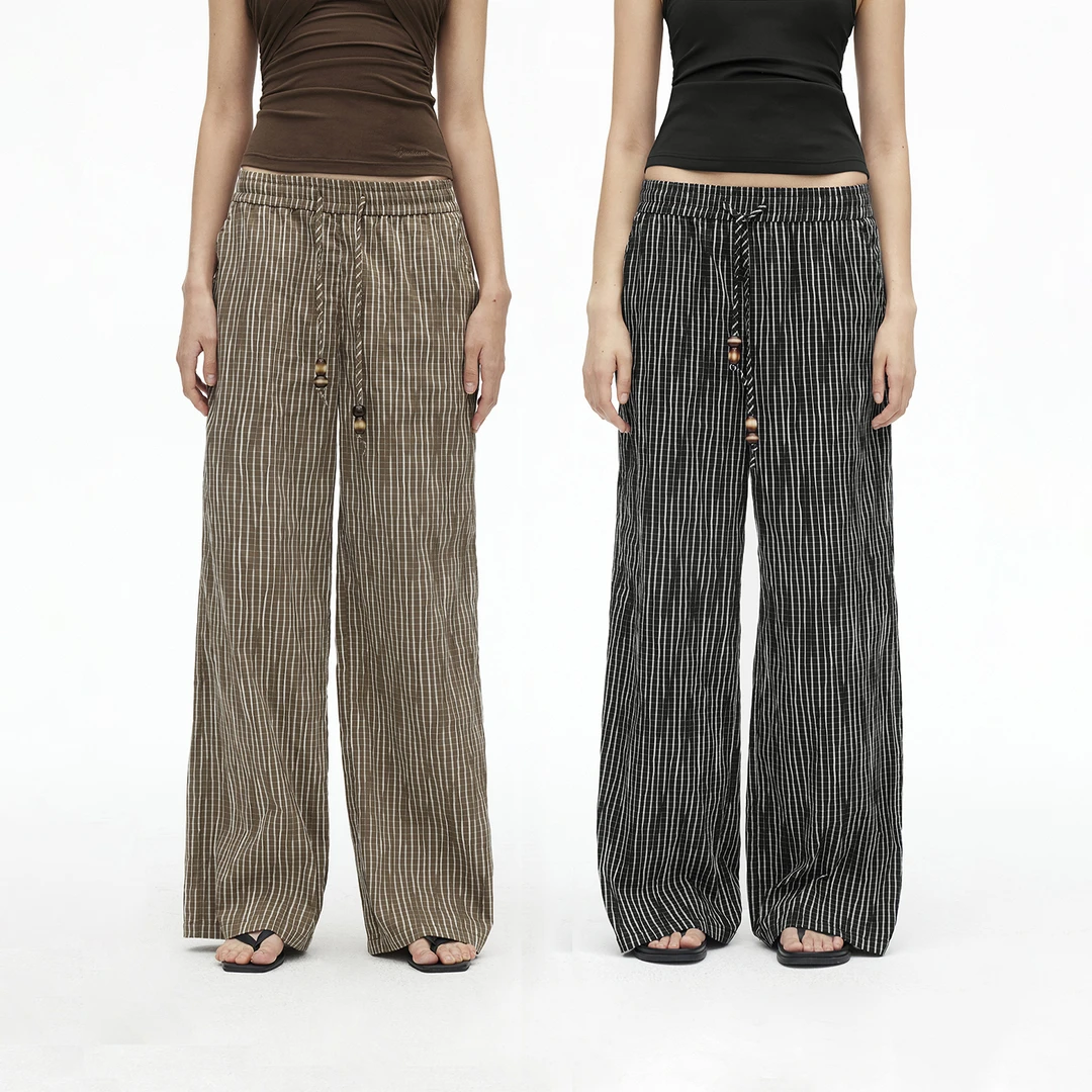 AFTADAWN 凉感竖格纹肌理棉微锥形休闲裤串珠抽绳轻盈垂感长裤