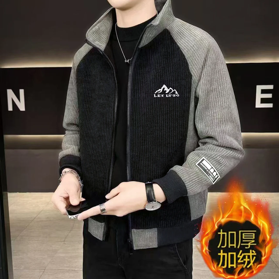 2025秋冬新款加绒加厚高端男士立领外套韩版拼接休闲灯芯绒夹克男