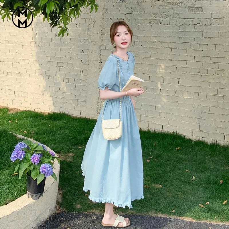 MM法式气质高级感泡泡袖连衣裙2025夏季新款蓝色收腰显瘦度假风长