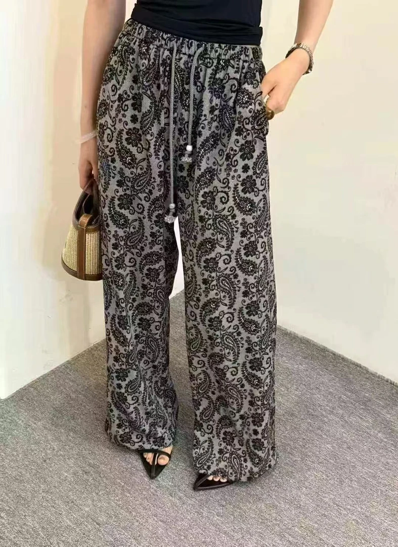 复古豹纹裤时尚休闲裤原宿风宽松豹纹碎花阔腿裤夏季法式满印