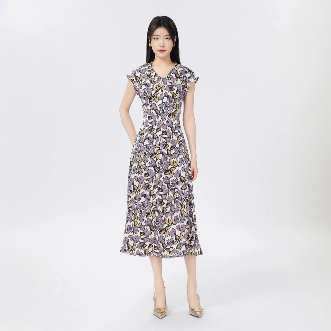 阿玛施Amass夏季紫色V领印花收腰显瘦气质通勤优雅连紫色印花收腰