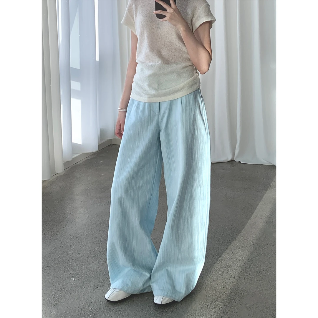 Hazi 25夏新品 冰川蓝竹节纱肌理弯刀设计宽松阔腿休闲裤