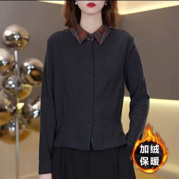 中年妈妈高档气质百搭长袖双面绒打底衫女秋冬时尚翻领显瘦上衣