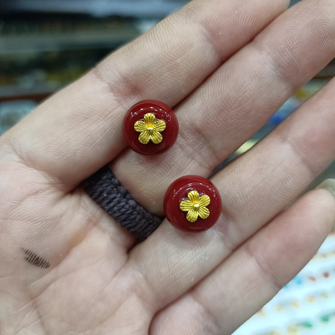 铜合金亚克力耳饰 藏族耳钉红色珠子