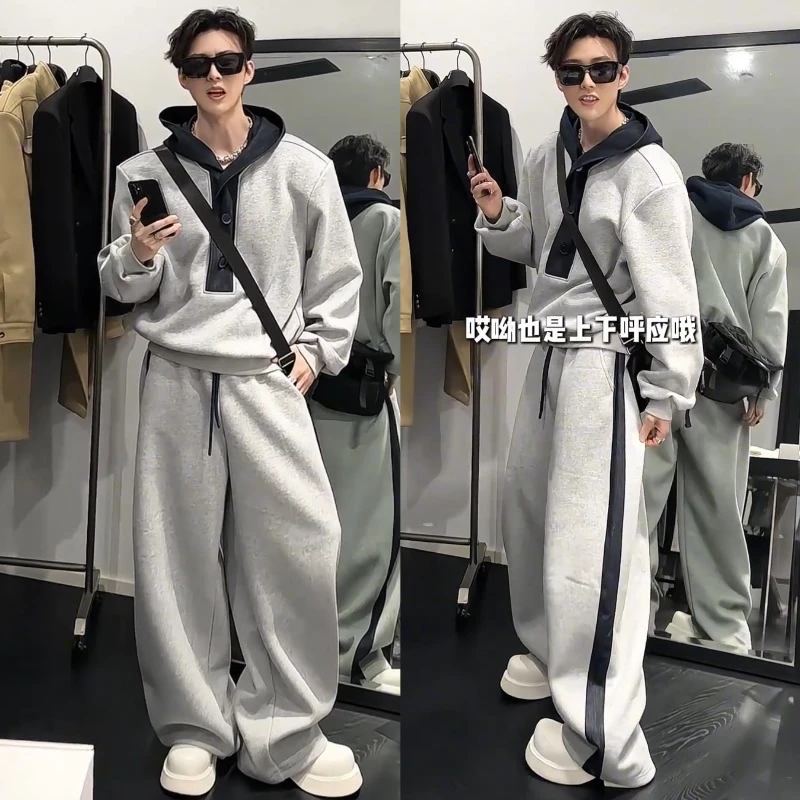2025秋季潮牌设计款连帽卫衣直筒卫裤两件套男士时尚运动休闲套装