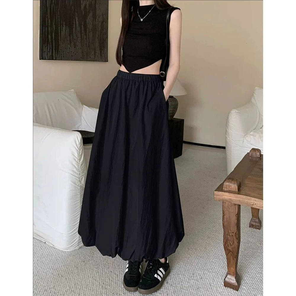 【现货】黑色花苞裙半身裙女2025新款夏季法式宽松长款灯笼蓬蓬长裙