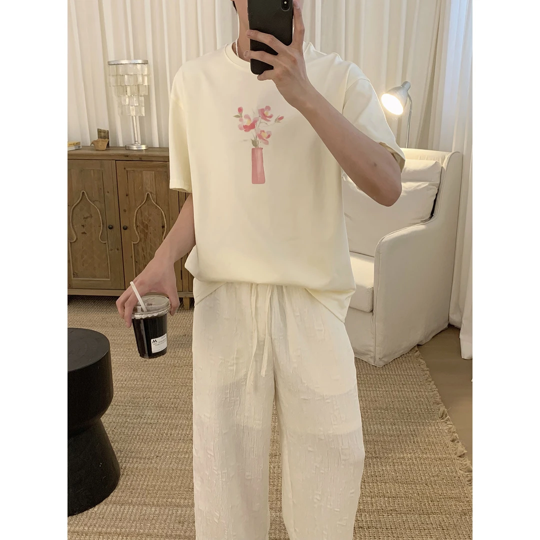 阿茶与阿古奶杏色花瓶印花短袖t恤男款夏季宽松休闲上衣A2505408