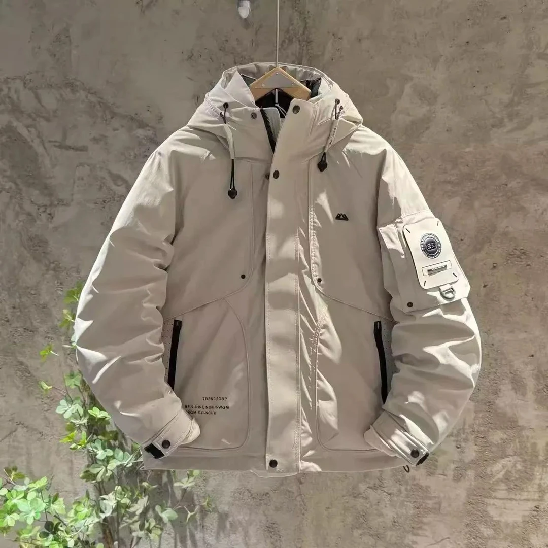 冬季休闲工装鸭绒保暖连帽冲锋衣羽绒服韩版潮流男士痞帅加厚外套