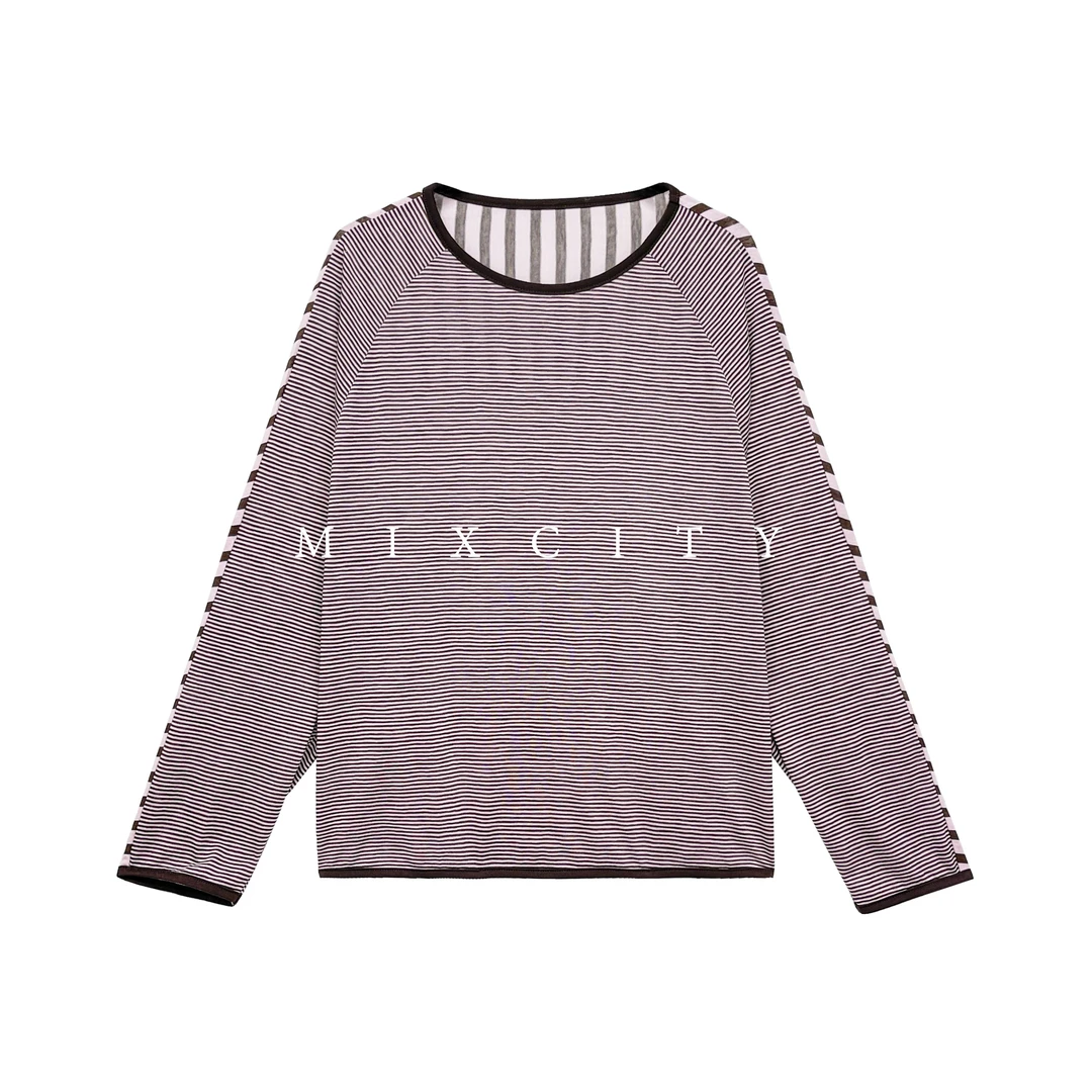 【亚楠本楠】韵律◆莱赛尔慵懒风简约细条纹宽松长袖T恤6801