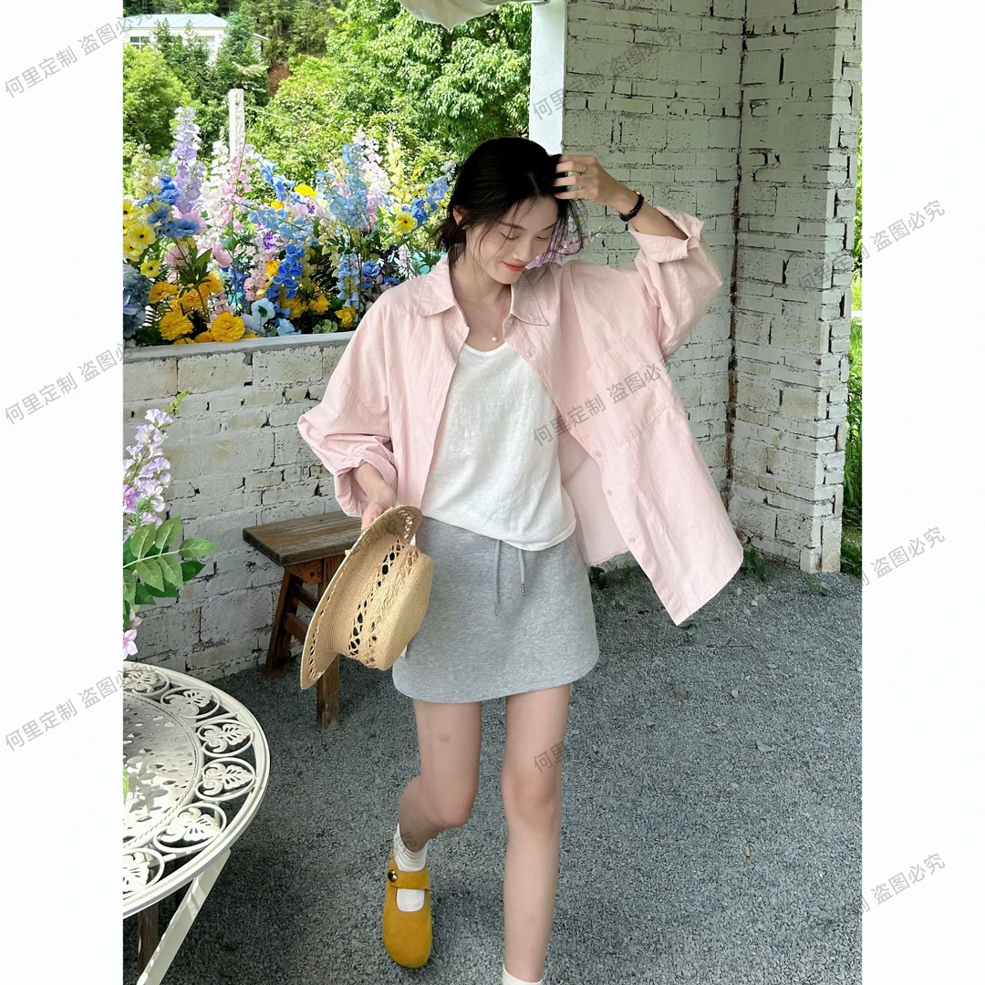 早秋款【成衣洗水 100%棉】九分袖慵懒风休闲透气纯棉防晒衬衫单件