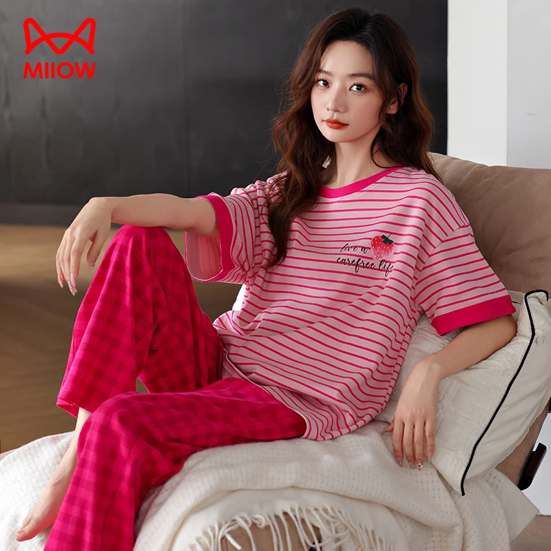 猫人睡衣女纯棉短袖长裤夏季简约条纹可外出夏天新款家居服套装