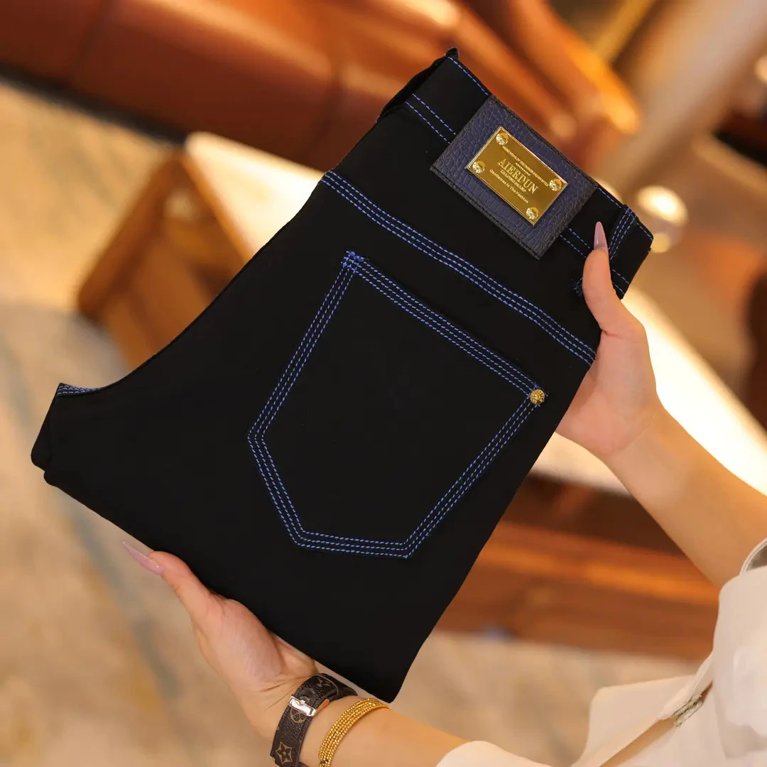 【克莱因蓝三本针】秋冬新款纯黑不掉色男士合体直筒百搭弹力牛仔裤